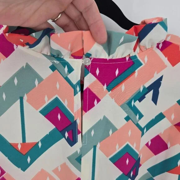 Michelle Mcdowell size XXL multicolor geometric long sleeve blouse pleated neck - Picture 6 of 8